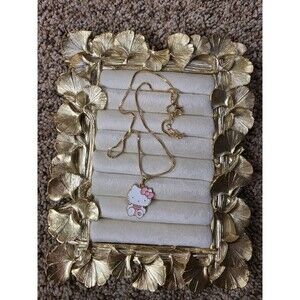 Sanrio Hello Kitty Gold Tone Necklace Pink Bow Pendant Metal Enamel Gold White